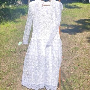 VINTAGE 80s 90s JESSICA MCCLINTOCK BRIDAL PROM LACE DRESS SHOULDER PADS SZ 7/8